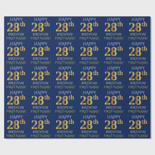 Blue, Faux Guld "LYCKLIG 28:e BIRTHDAY" Presentpapper (Platt)