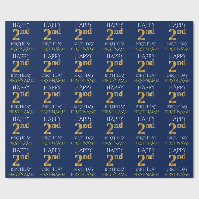 Blue, Faux Guld (LYCKLIG 2:a BIRTHDAY) Presentpapper (Platt)