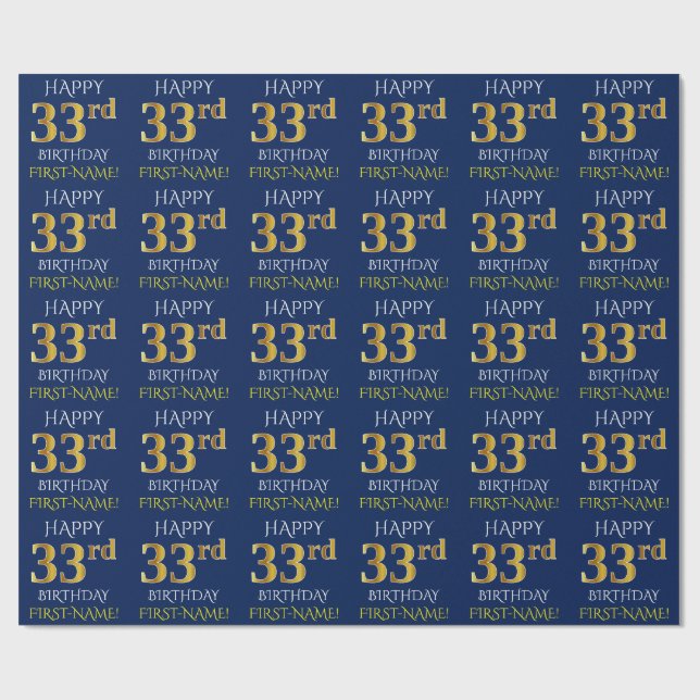 Blue, Faux Guld ’LYCKLIG 33:e BIRTHDAY’ Presentpapper (Platt)