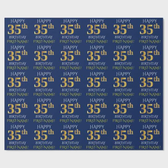 Blue, Faux Guld (LYCKLIG 35e BIRTHDAY) Presentpapper (Platt)