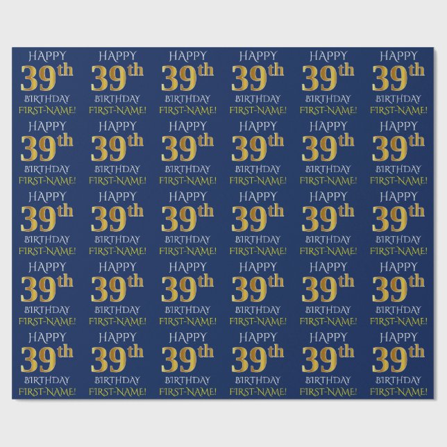 Blue, Faux Guld ’LYCKLIG 39:e BIRTHDAY’ Presentpapper (Platt)