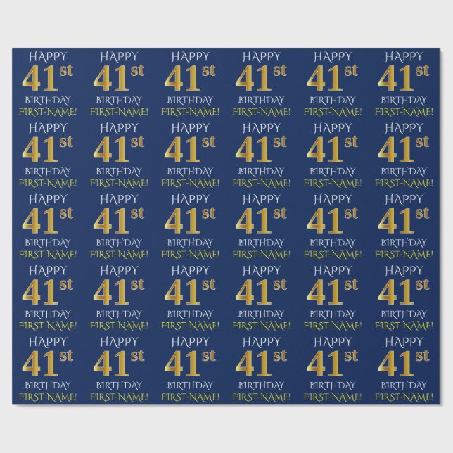 Blue, Faux Guld "LYCKLIG 41:a BIRTHDAY" Presentpapper (Platt)