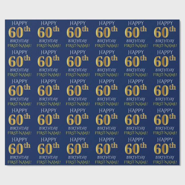 Blue, Faux Guld "LYCKLIG 60:e BIRTHDAY" Presentpapper (Platt)