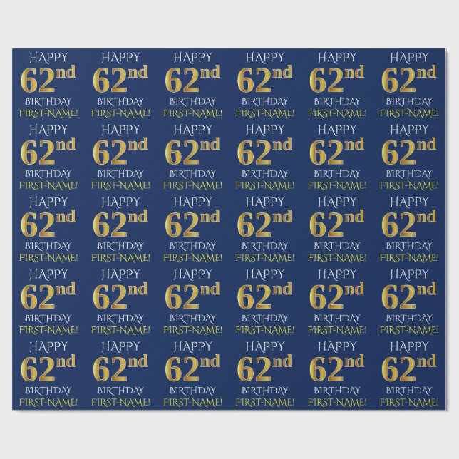 Blue, Faux Guld "LYCKLIG 62:a BIRTHDAY" Presentpapper (Platt)