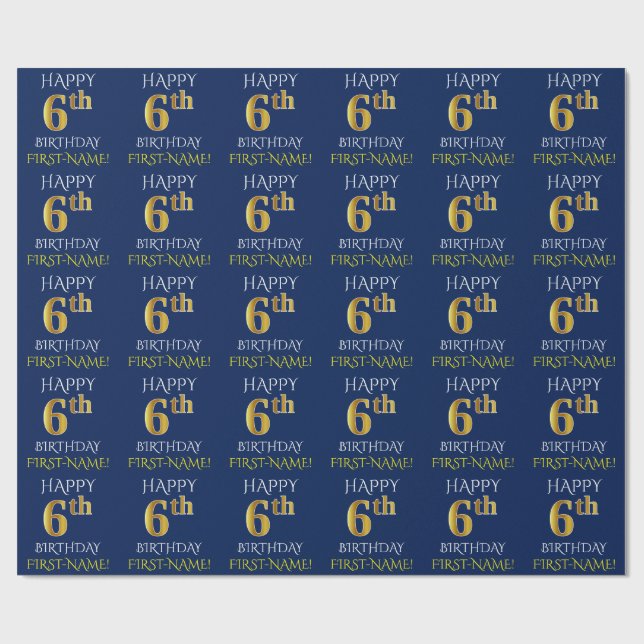 Blue, Faux Guld ’LYCKLIG 6e BIRTHDAY’ Presentpapper (Platt)