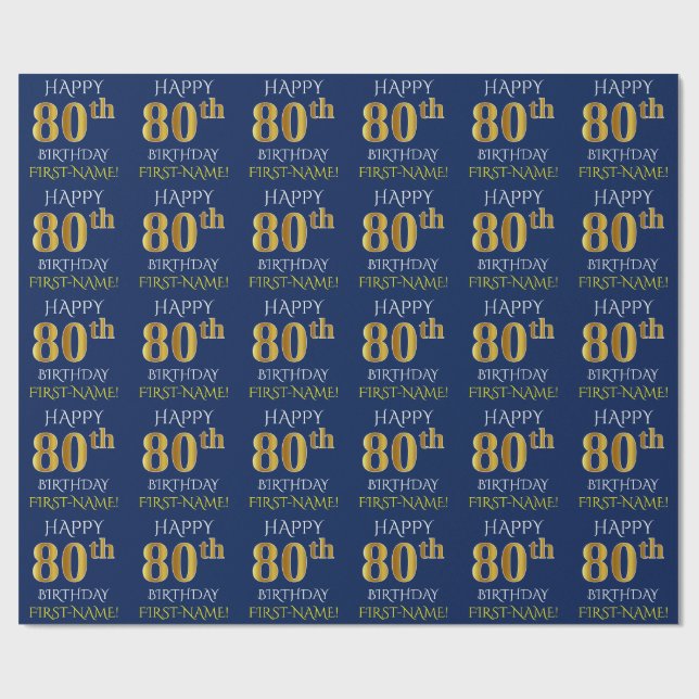 Blue, Faux Guld "LYCKLIG 80 BIRTHDAY" Presentpapper (Platt)