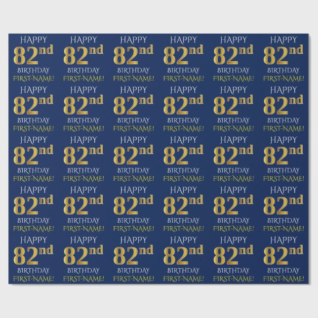 Blue, Faux Guld "LYCKLIG 82:a BIRTHDAY" Presentpapper (Platt)