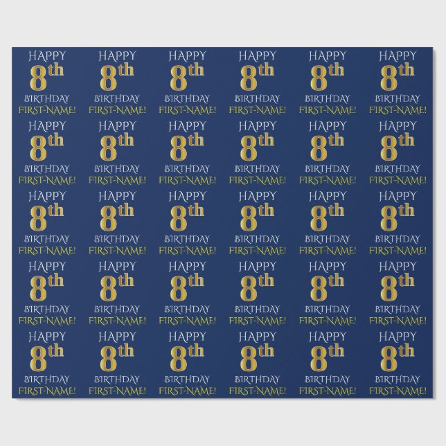 Blue, Faux Guld ’LYCKLIG 8th BIRTHDAY’ Presentpapper (Platt)