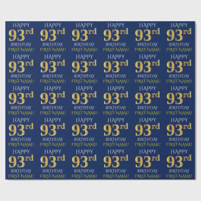 Blue, Faux Guld ’LYCKLIG 93:e BIRTHDAY’ Presentpapper (Platt)