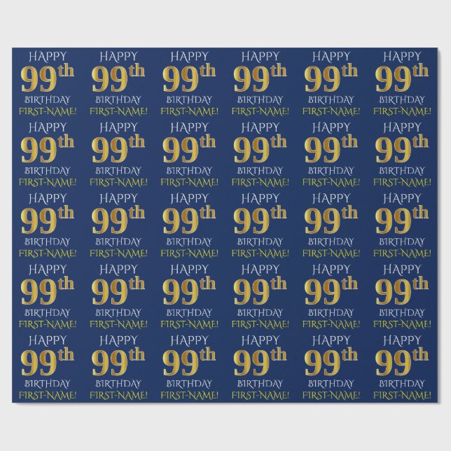 Blue, Faux Guld ’LYCKLIG 99 BIRTHDAY’ Presentpapper (Platt)