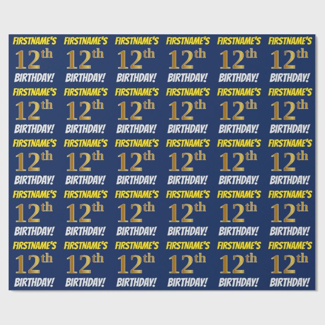 Blue, Faux/Imitation Guld, "12:e BIRTHDAY" Presentpapper (Platt)
