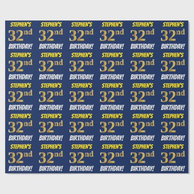 Blue, Faux/Imitation Guld, "32:a BIRTHDAY" Presentpapper (Platt)