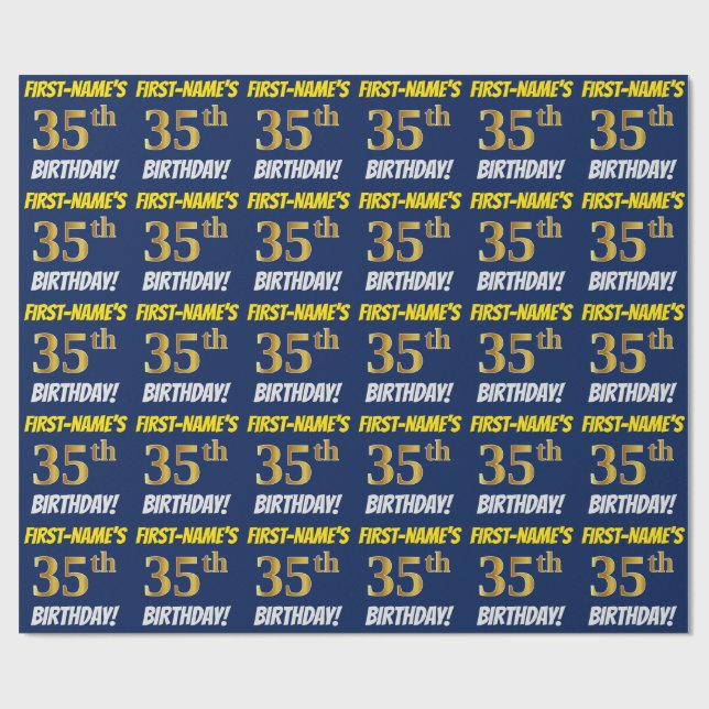 Blue, Faux/Imitation Guld, "35e BIRTHDAY" Presentpapper (Platt)