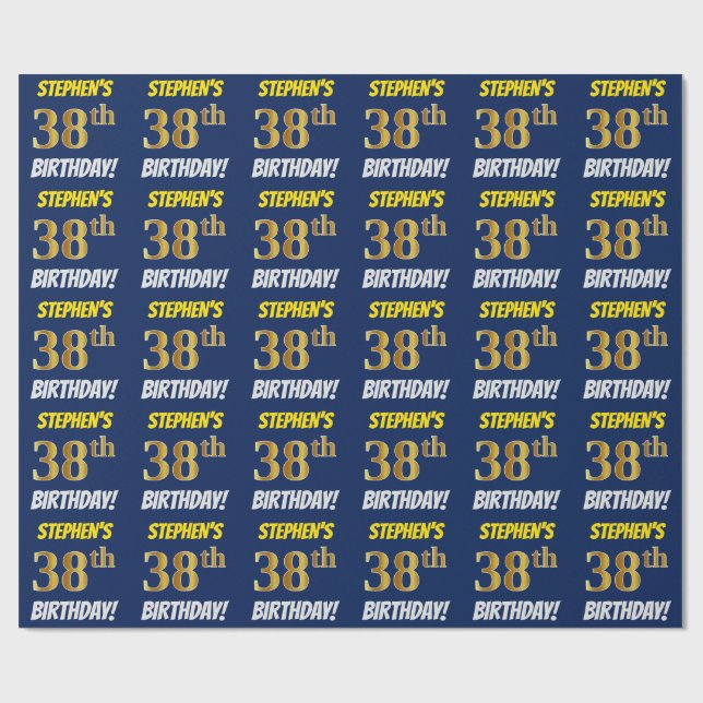 Blue, Faux/Imitation Guld, ’38 BIRTHDAY’ Presentpapper (Platt)