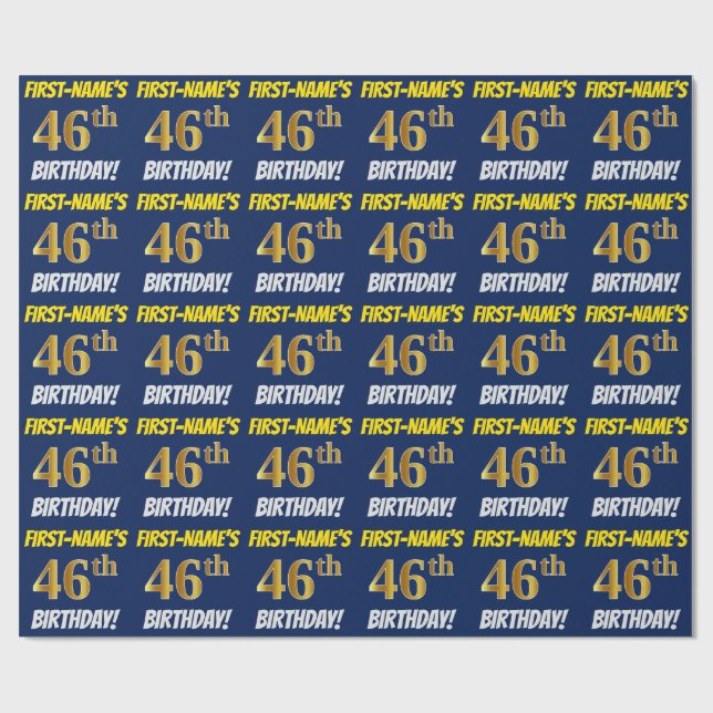 Blue, Faux/Imitation Guld, "46th BIRTHDAY" Presentpapper (Platt)