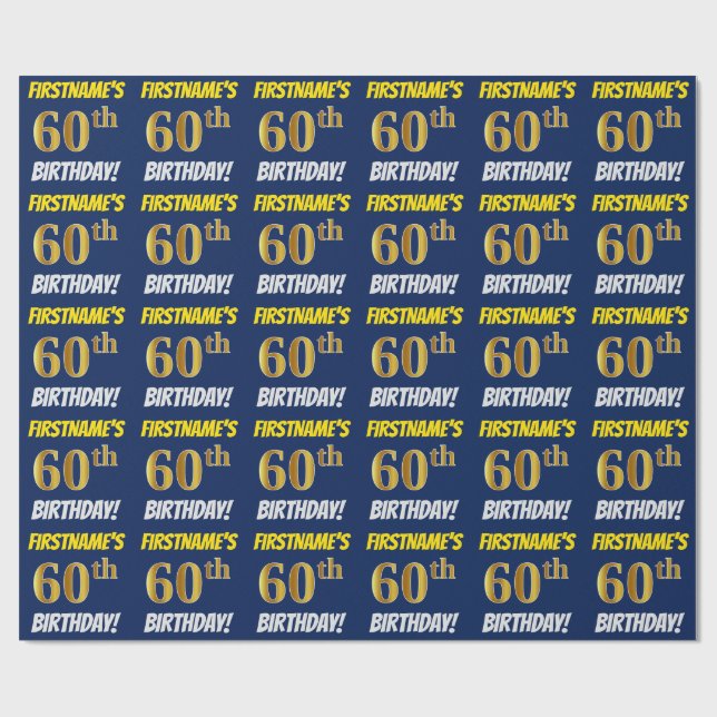 Blue, Faux/Imitation Guld, "60 BIRTHDAY" Presentpapper (Platt)