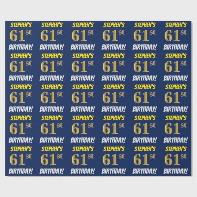 Blue, Faux/Imitation Guld, "61:a BIRTHDAY" Presentpapper (Platt)