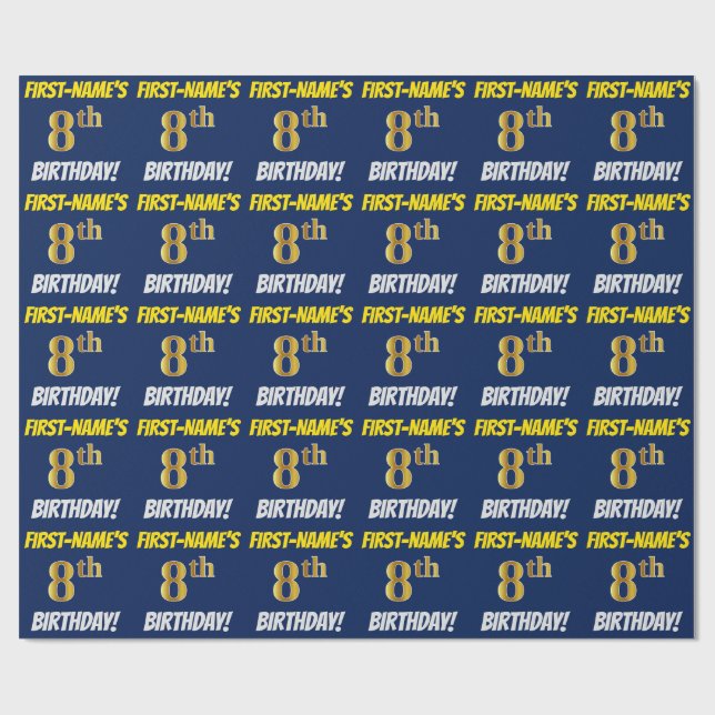 Blue, Faux/Imitation Guld, ’8th BIRTHDAY’ Presentpapper (Platt)