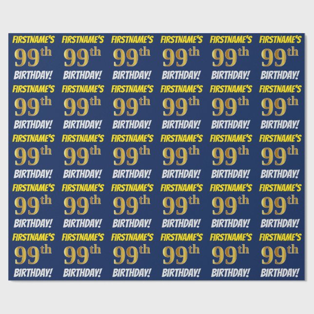 Blue, Faux/Imitation Guld, "99th BIRTHDAY" Presentpapper (Platt)