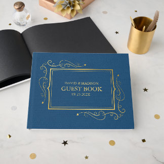Blue Faux Leather Guld Ram Guest Bok 2