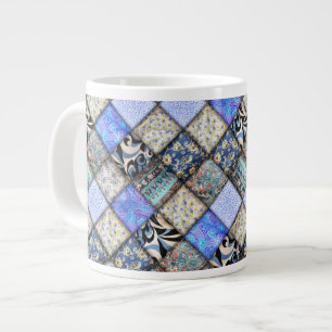 Blue Faux Patchwork Quilting Mönster Jumbo Mugg