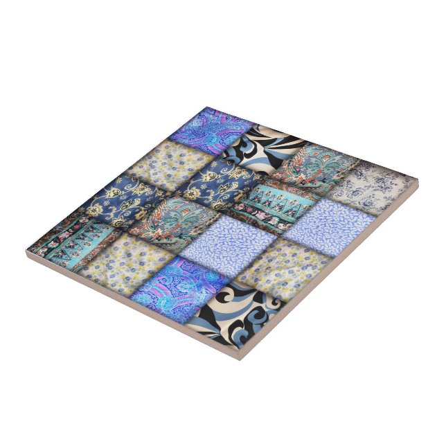 Blue Faux Patchwork Quilting Mönster Kakelplatta (Sidan)