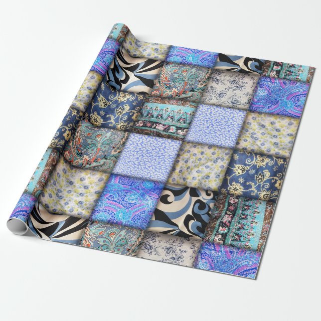 Blue Faux Patchwork Quilting Mönster Presentpapper (Utrullad)