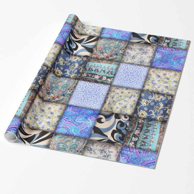 Blue Faux Patchwork Quilting Mönster Presentpapper (Utrullad)