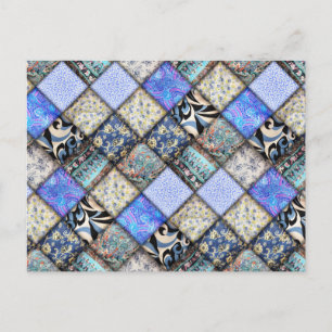 Blue Faux Patchwork Quilting Mönster Vykort