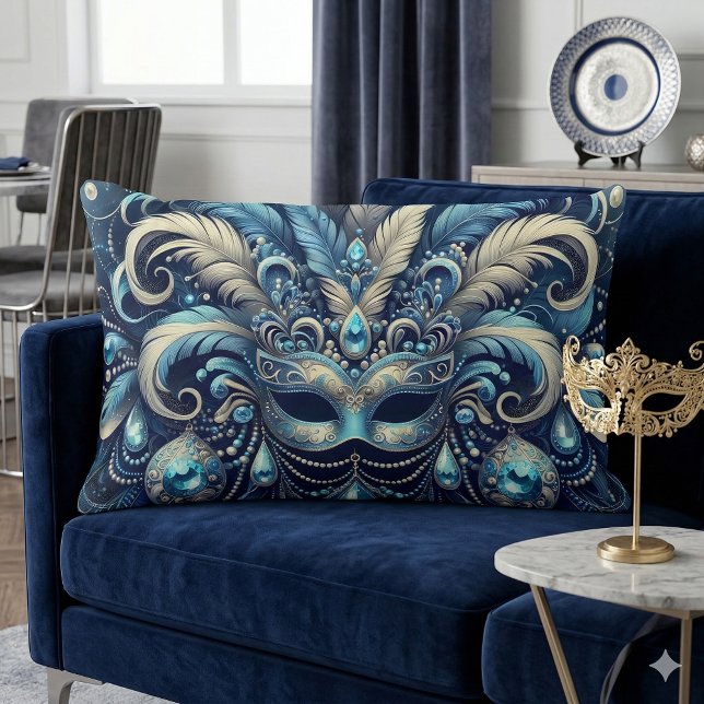 Blue Feather Masquerade Mask Illustration Lumbarkudde (Blue Feather Masquerade Mask Illustration Lumbar Pillow Mockup A)