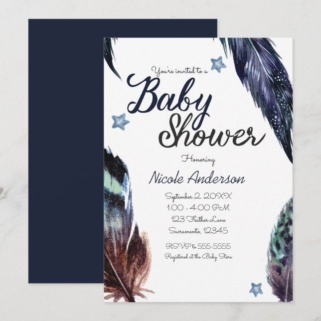 Blue Feathers Boho Bohemian Rustic Baby Shower Inbjudningar (Fram/baksida)