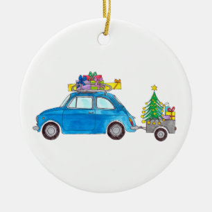 Blue Fiat 500 med julgåvor Vattenfärg Julgransprydnad Keramik