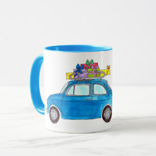 Blue Fiat 500 med julgåvor Vattenfärg Mugg