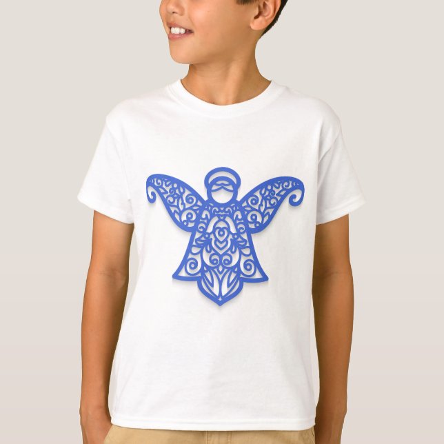 Blue Filigree Angel Silhouette Ornate Lace T Shirt (Framsida)