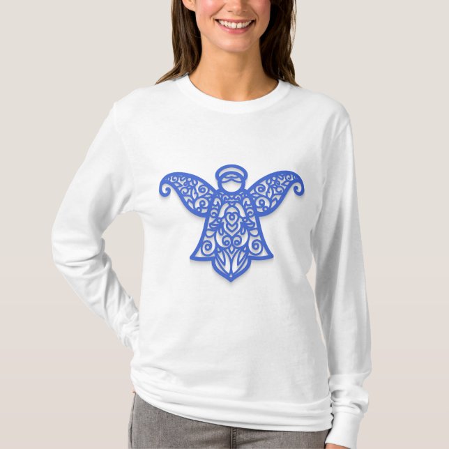 Blue Filigree Angel Silhouette Ornate Lace T Shirt (Framsida)