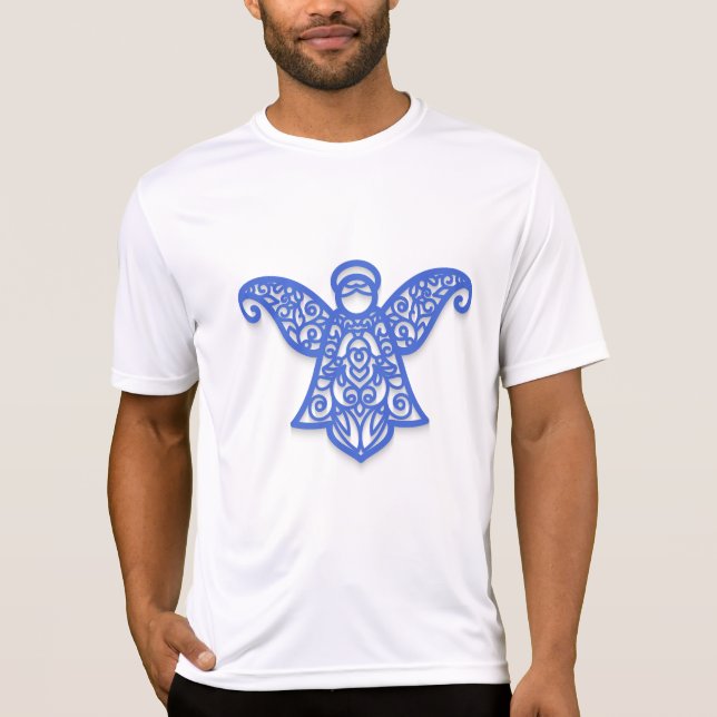 Blue Filigree Angel Silhouette Ornate Lace T Shirt (Framsida)
