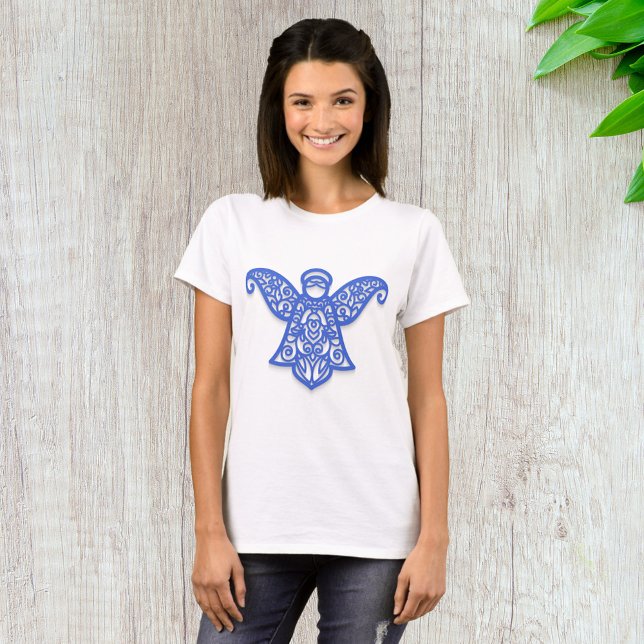 Blue Filigree Angel Silhouette Ornate Lace T Shirt (Skapare uppladdad)