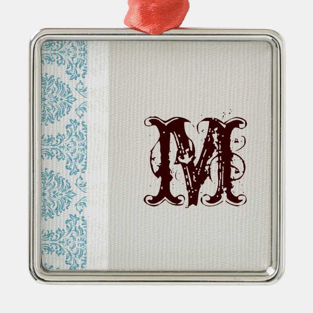 Blue Filigree Damask Monogram Initial Ornamal Julgransprydnad Metall (Framsidan)