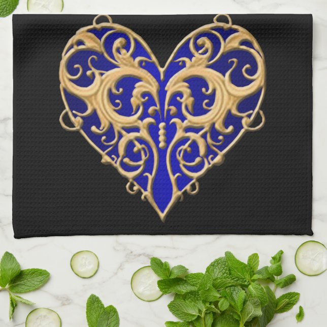 Blue Filigree Heart Kitchen Towel Kökshandduk (Vikta)