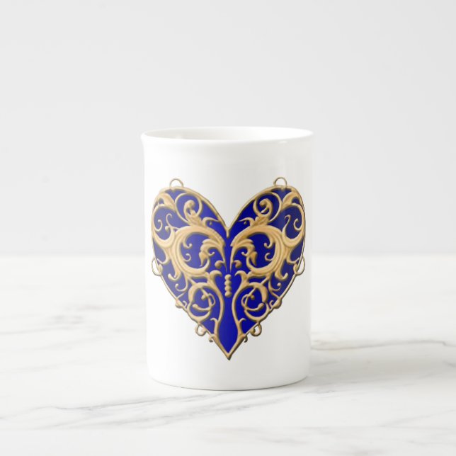 Blue Filigree Heart Mugg Benporslin Mugg (Framsidan)