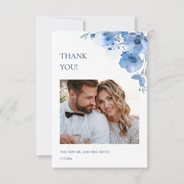 Blue Fine Art Flowers Wedding Thank You Card Tack Kort (Framsida)