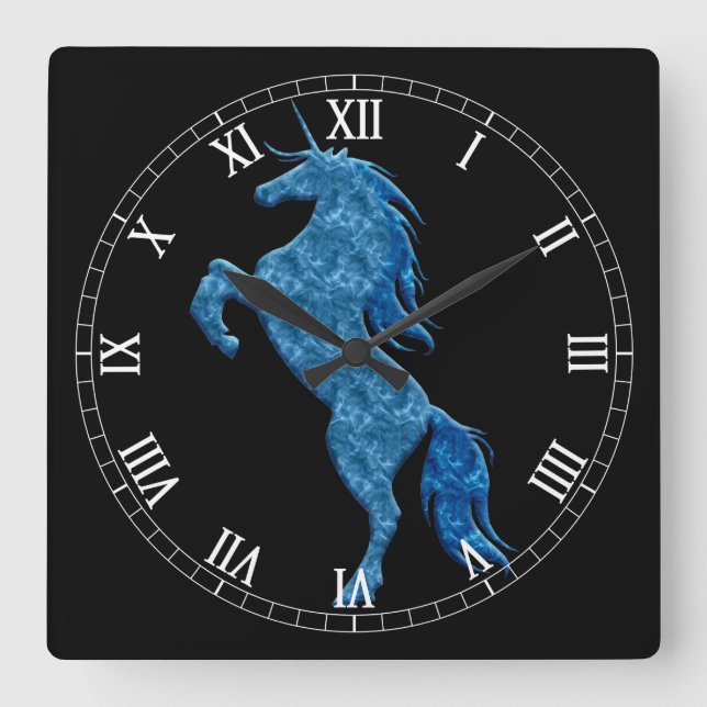 Blue Fire Unicorn Roman Numeral Clock Fyrkantig Klocka (Framsida)