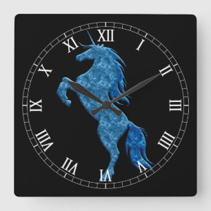 Blue Fire Unicorn Roman Numeral Clock Fyrkantig Klocka