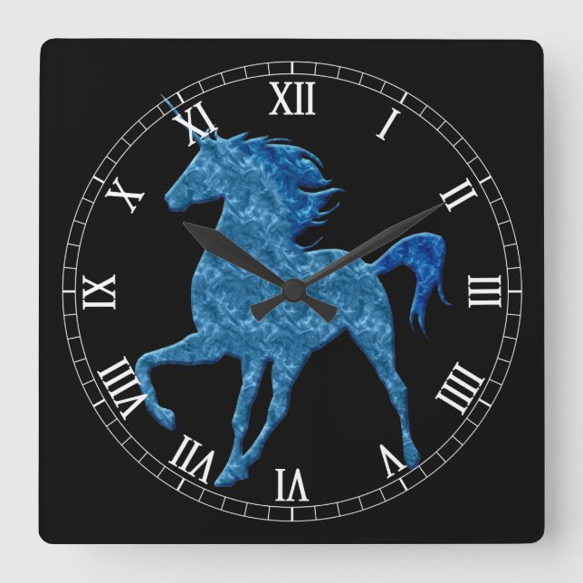 Blue Fire Unicorn Roman Numeral Clock Fyrkantig Klocka (Framsida)