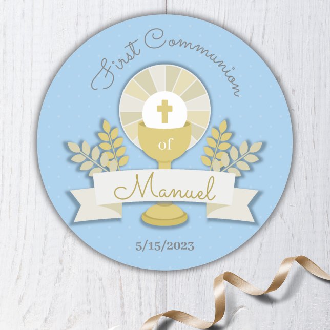 Blue First Communion Runt Klistermärke (Skapare uppladdad)