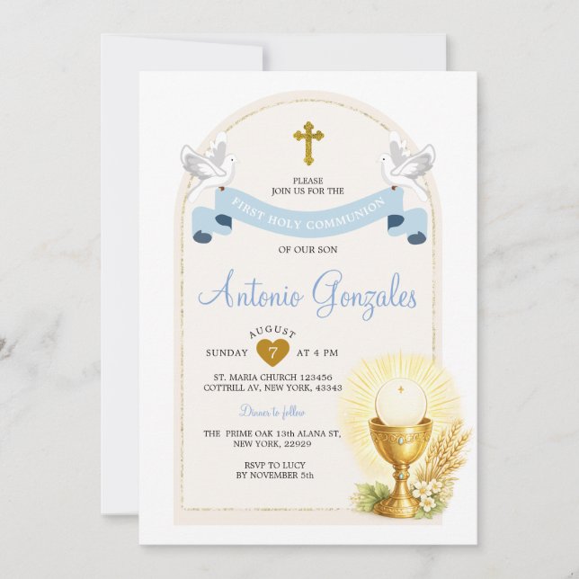 Blue First Holy Communion Invitation Inbjudningar (Framsida)