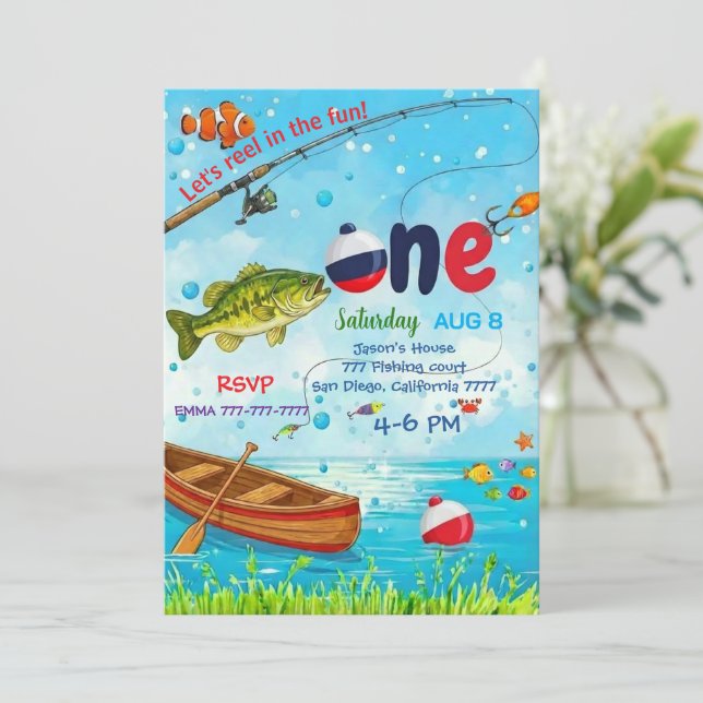 Blue Fish Boat Ofishally One 1st Birthday Invitati Inbjudningar (Stående Fram)