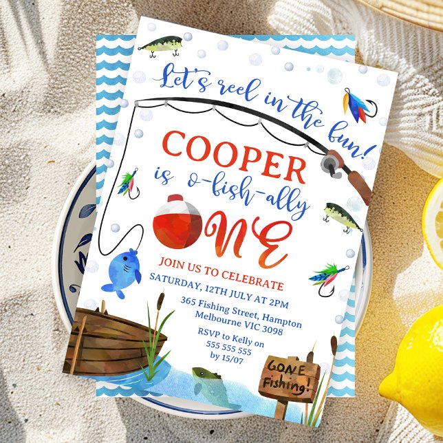 Blue Fish Fishing O-fish-ally One 1st Birthday Inbjudningar (Editable Ofishally One 1st Birthday Invitation, Editable Bauble One Fishing, Fishing Themed Invite)