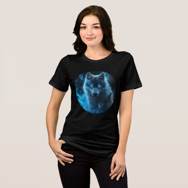 Blue Flame Cosmic Wolf Art Print T Shirt (Framsida Full)