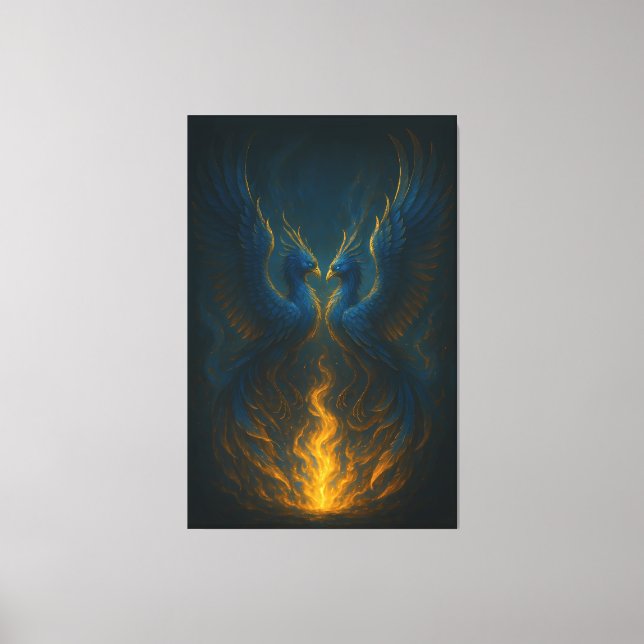 Blue Flame Phoenix Twins – Fine Art Mythical Bird  Canvastryck (Framsida)